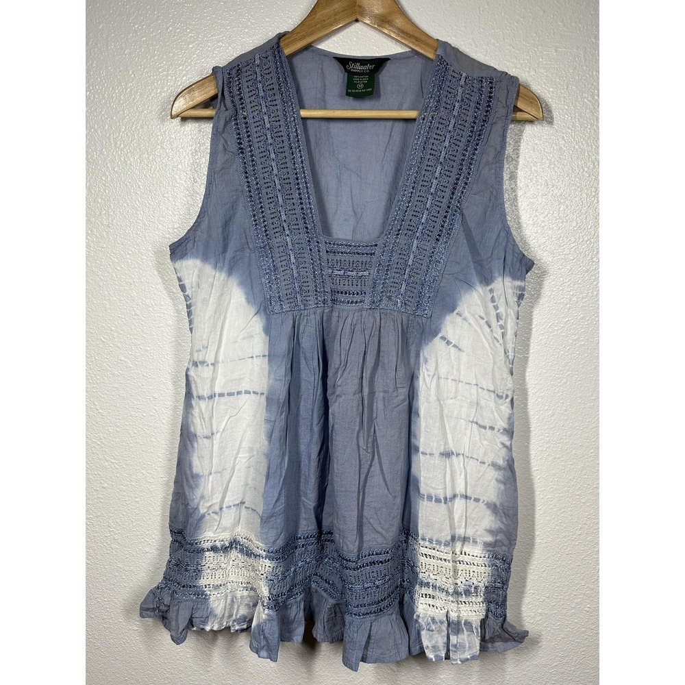 Stillwater Supply Co. Shirt Womens Medium Blue White Sleeveless Boho Tunic Top‎